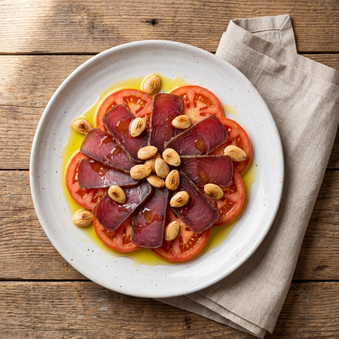 Ensalada de mojama con tomate y almendras: la receta clásica del Mediterráneo